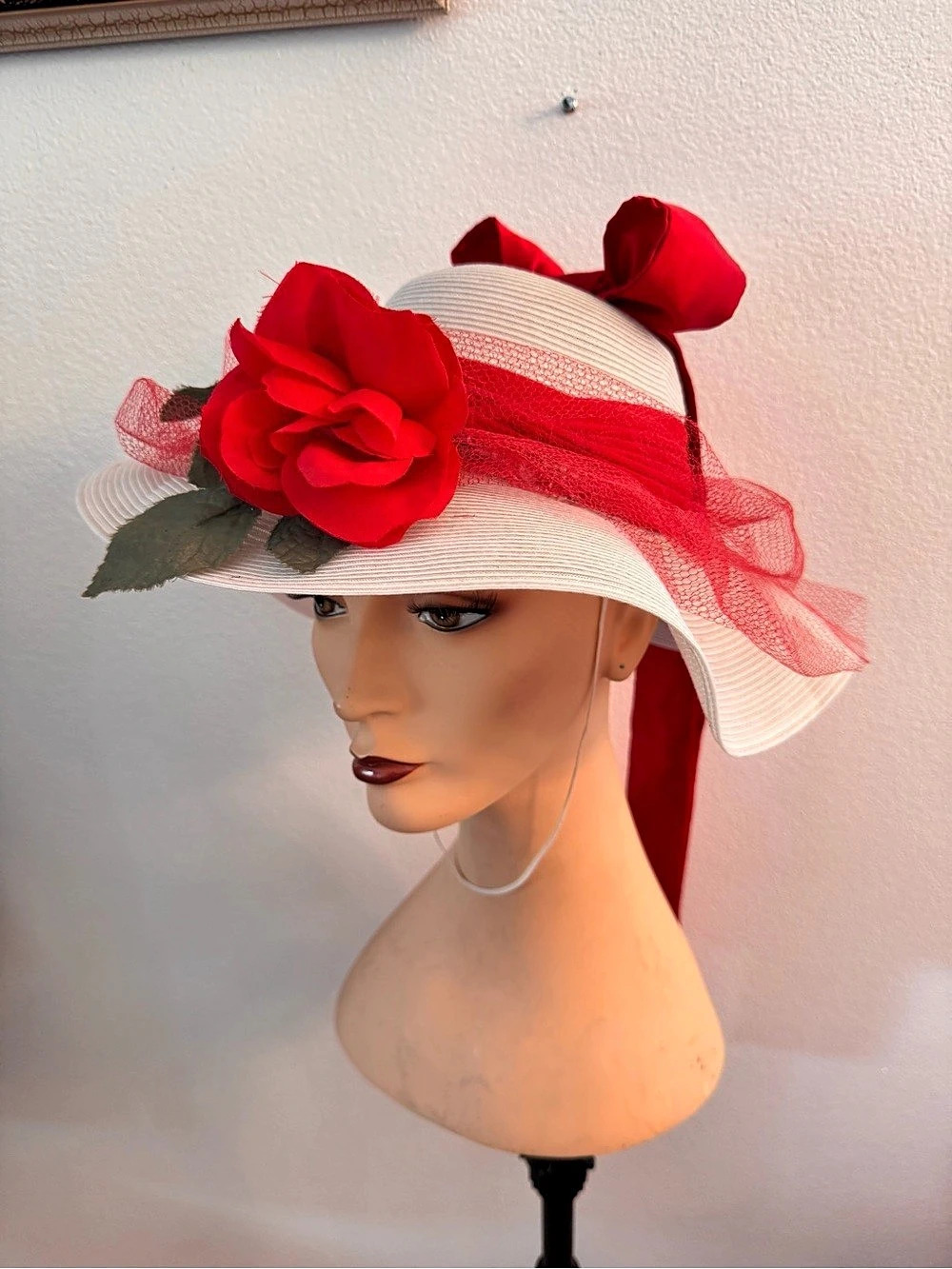 Vintage 1980s-90s Handmade Theater Hat Red Rose Bow Wide Brim